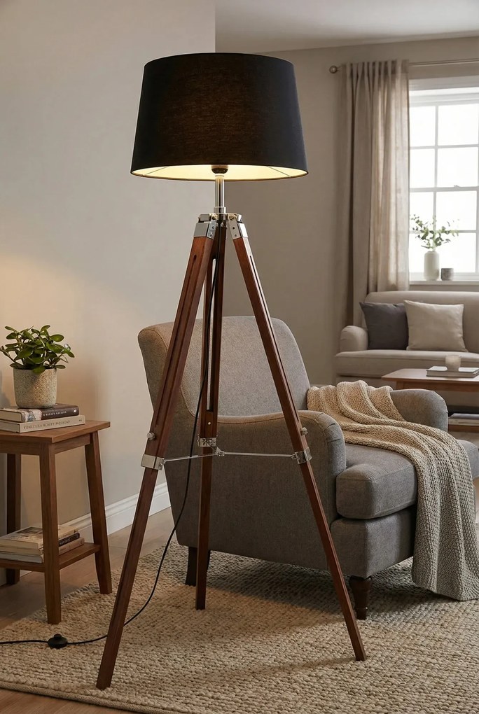 Brązowo czarna regulowana lampa stojąca trójnóg z drewna 3X EX199 T4-A98