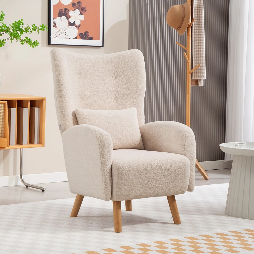 HOMCOM Fotel akcentowy, tapicerowany fotel z futerkiem, poduszka z pianki, fotel typu wingback, Beżowy