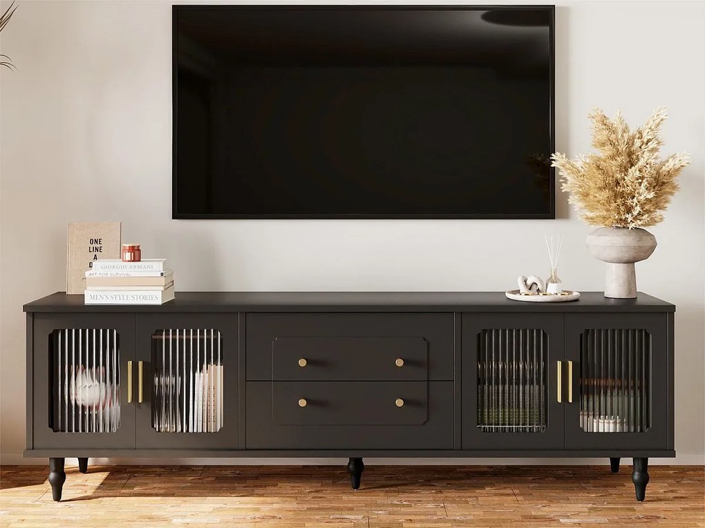 Nowoczesna szafka RTV - z drzwiami z rattanu i 2 szufladami - metalowe nogi - czarna