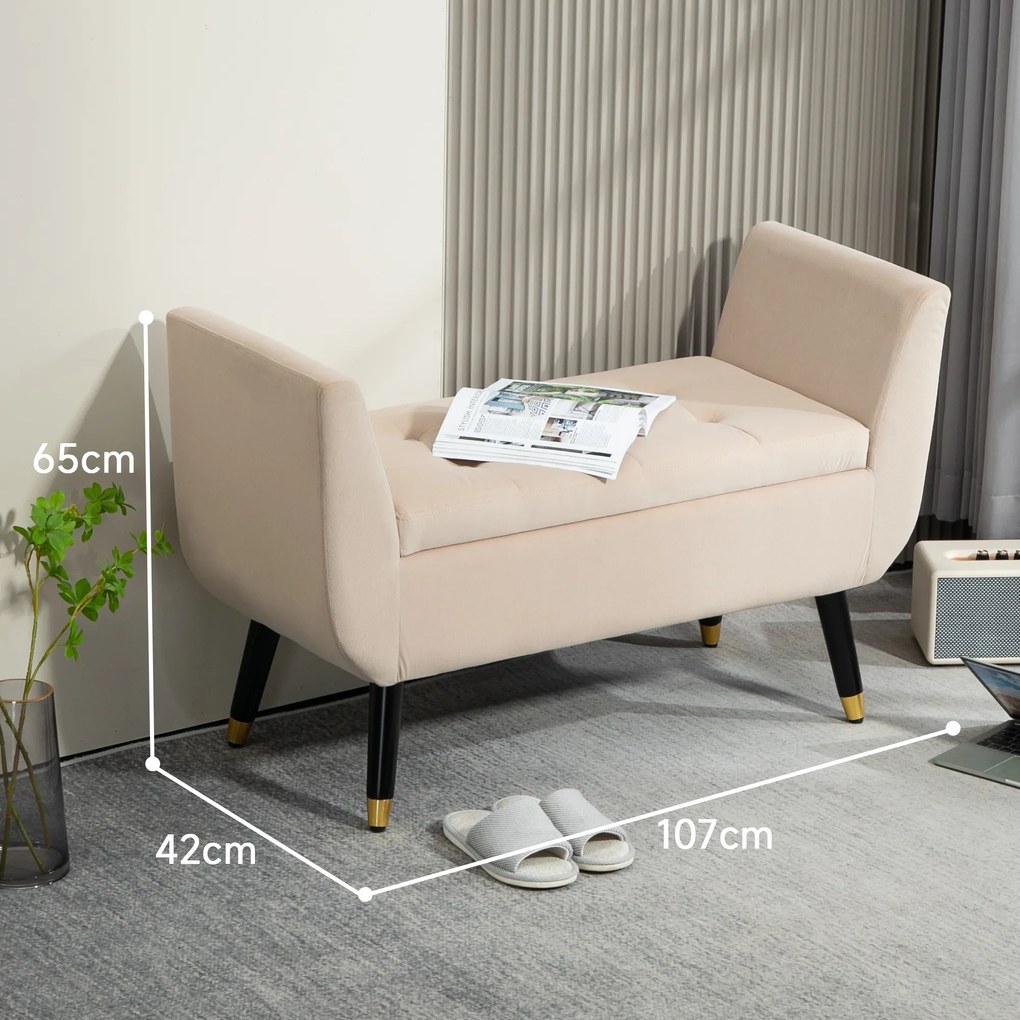 HOMCOM Tapicerowana ławka welurowa z podłokietnikami i miejscem do przechowywania beżowa 107x42x65 cm | Aosom PL