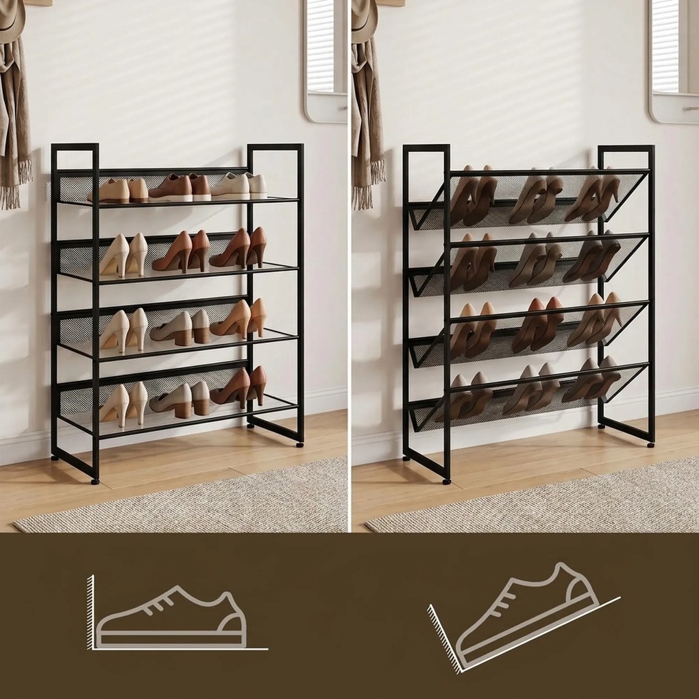 HOMCOM Regał na buty Półka Stojak na buty, 4 półki, 72 cm x 30 cm x 82,7 cm, Czarny | Aosom PL