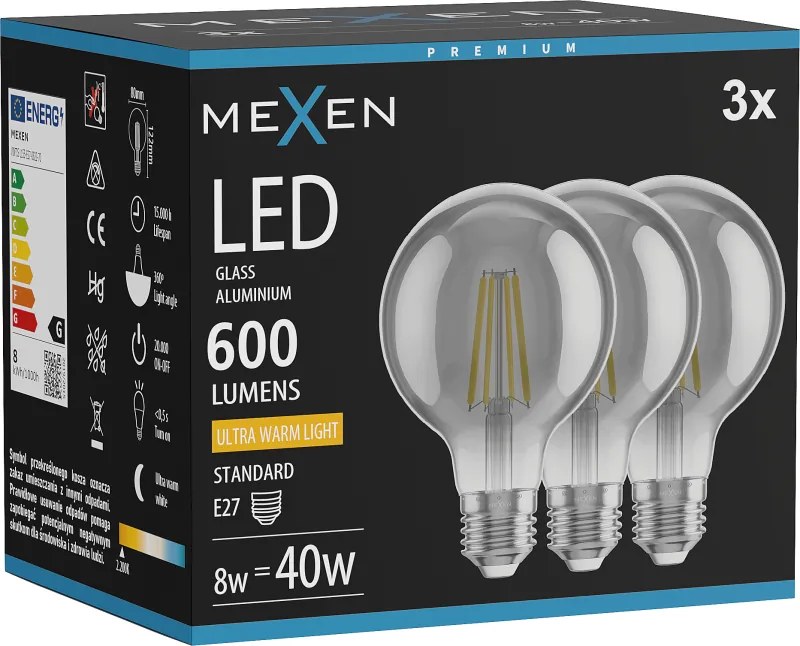 Mexen Vintis 3x żarówka filament LED E27, G80, 8W, Ciepła - 2200K, 600 lm, smoke - L155-E27-0822-70x03