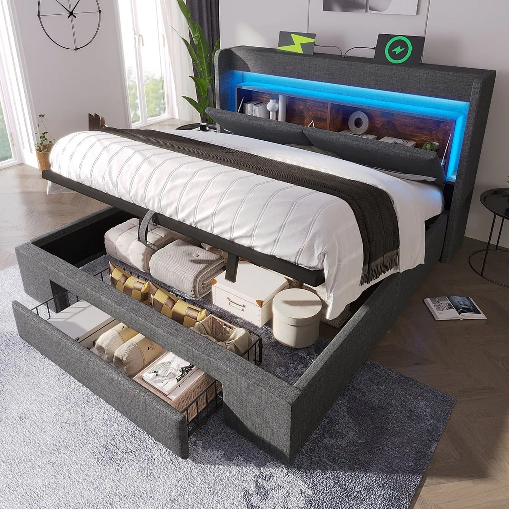 Łóżko tapicerowane hydrauliczne ze schowkiem - 180 x 200 cm - ze schowkiem na pościel w zagłówku + diody LED + USB + szuflada - len - szary