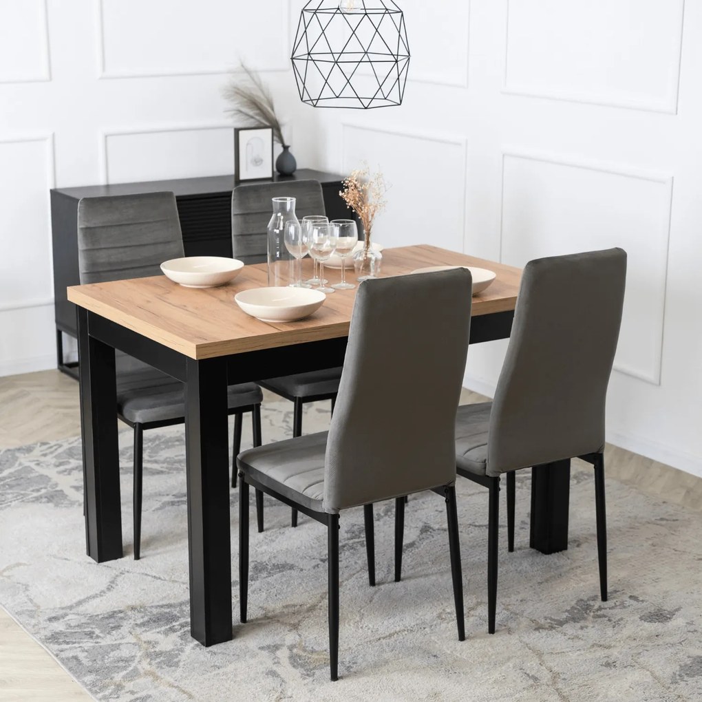 Zestaw Stół Rozkładany SKUBI 120-160 cm Dąb Craft/Czarny i 4 Krzesła NARIS Szare Welurowe