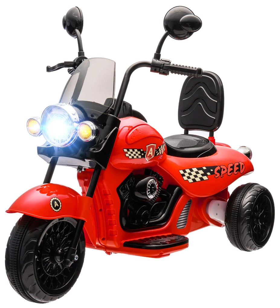 AIYAPLAY Motocykl elektryczny dla dzieci, 3 koła, na baterię 6V, ze światłami i muzyką, dla dzieci w wieku 3-6 lat, Czerwony