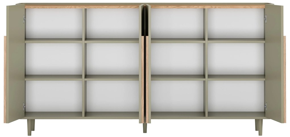 Komoda czterodrzwiowa Amilio 200 cm na nóżkach - eukaliptus / dąb baltic dune / uchwyty dąb naturalny