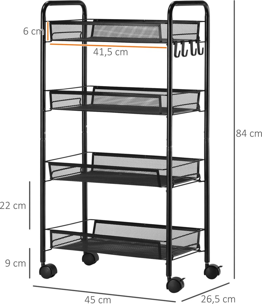 HOMCOM Wózek z 4 wiszącymi koszami, serwisowy na kółkach, mobilny, z wymiennymi hakami, stal, 45 x 26,5 x 84 cm, czarny