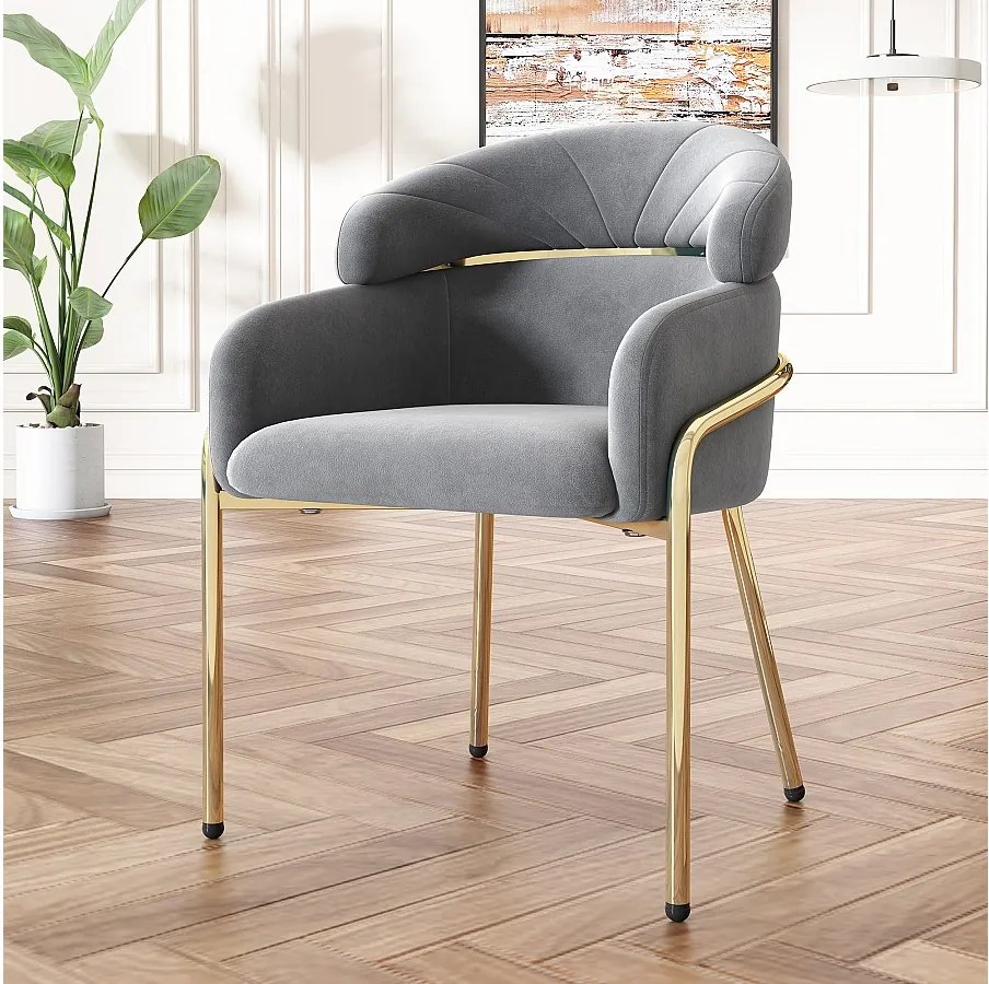 1 krzesło do jadalni z szarego aksamitu z tapicerowanym oparciem i złotymi metalowymi nogami