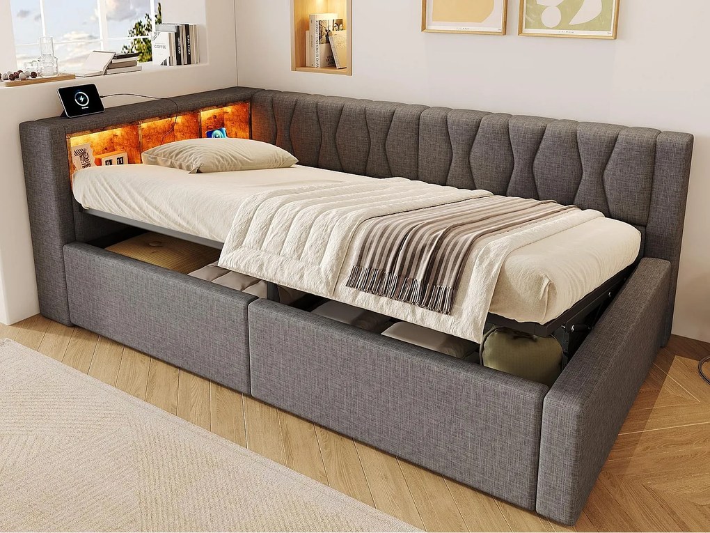 Kanapa-łóżko skrzyniowe 90x200cm - z oświetleniem LED - z półką do przechowywania + port USB - szary (materac nie w zestawie)