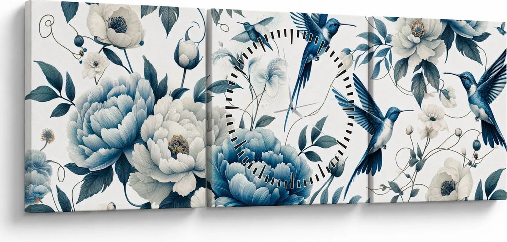 Obraz - Kolibry z kwiatami (z zegarem) (90x30 cm)