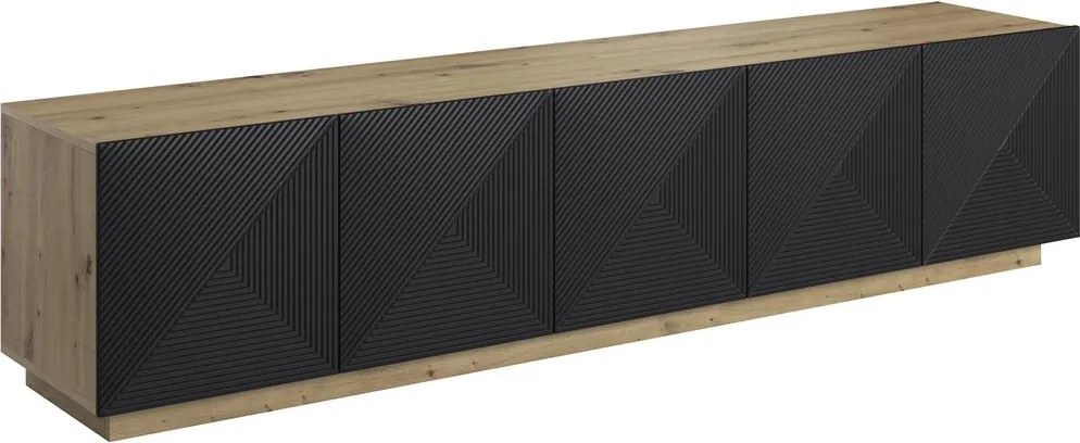 Szafka RTV Asha 200 cm pięciodrzwiowa z ryflowanym frontem - artisan / czarny mat