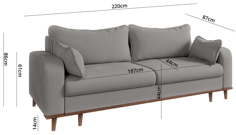 Jasnoszara sztruksowa sofa 220 cm Beata – Ropez