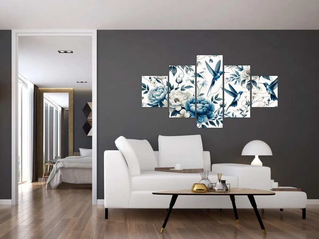 Obraz - Kolibry z kwiatami (125x70 cm)