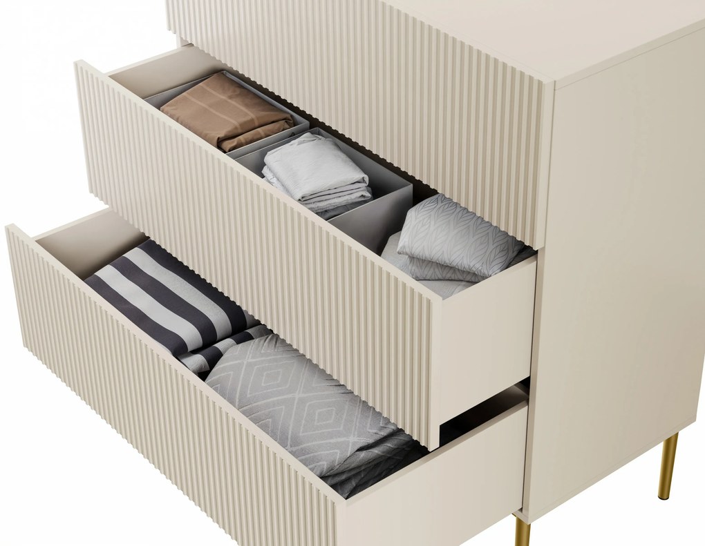 Komoda Nicole 100 cm z trzema szufladami i metalowymi nogami - kaszmir / złote nóżki