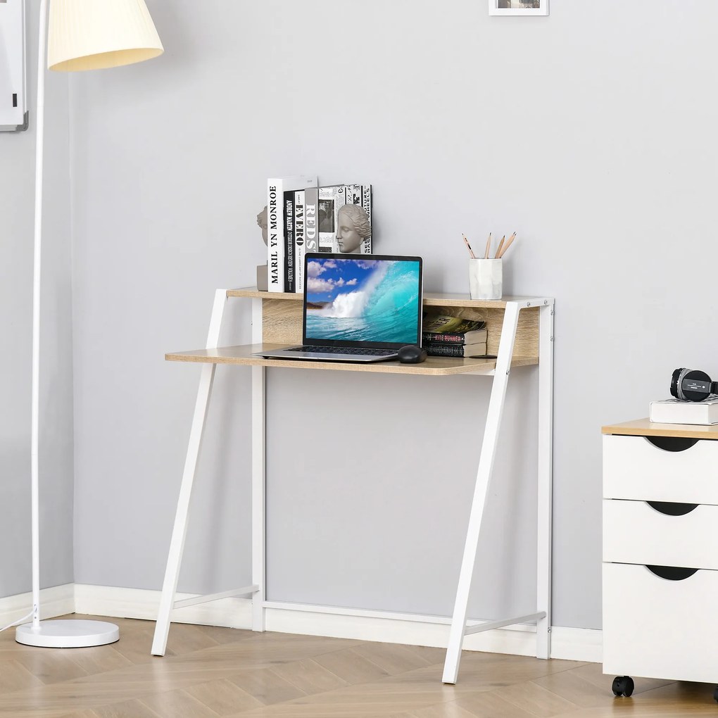 HOMCOM Biurko komputerowe w kolorze biały i dąb Praktyczne z eleganckim designem Idealne do pracy i nauki 84x45x85 cm | Aosom PL