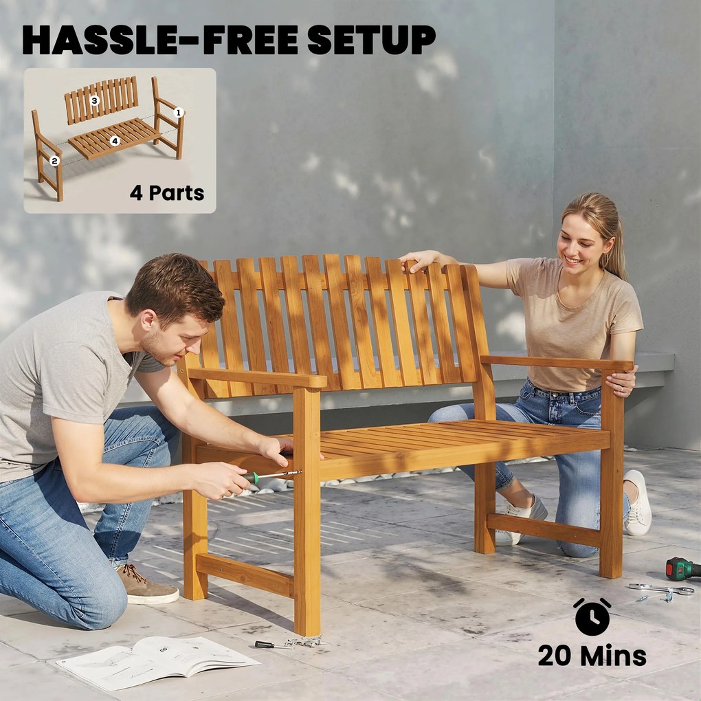 Outsunny Ławka ogrodowa 2-osobowa, odporna na warunki atmosferyczne, drewniana ławka z lamelowym designem i podłokietnikami, do 320 kg, 112 x 64 x 92 cm, naturalne drewno | Aosom PL