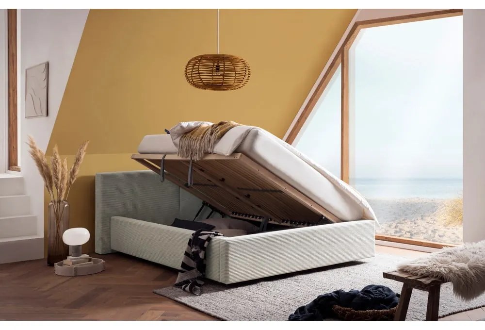 Beżowe tapicerowane łóżko dwuosobowe ze schowkiem ze stelażem 140x200 cm Cube – Meise Möbel