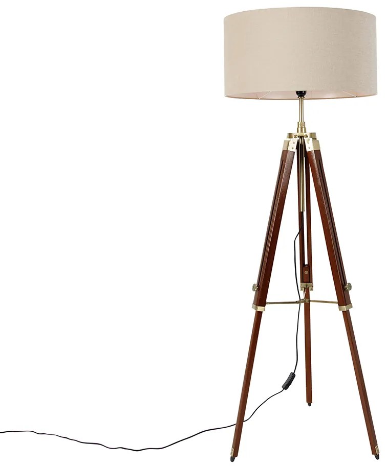 Lampa stojąca mosiężna z abażurem w kolorze jasnobrązowym 50 cm na trójnogu - CortinPrzemysłowy Oswietlenie wewnetrzne