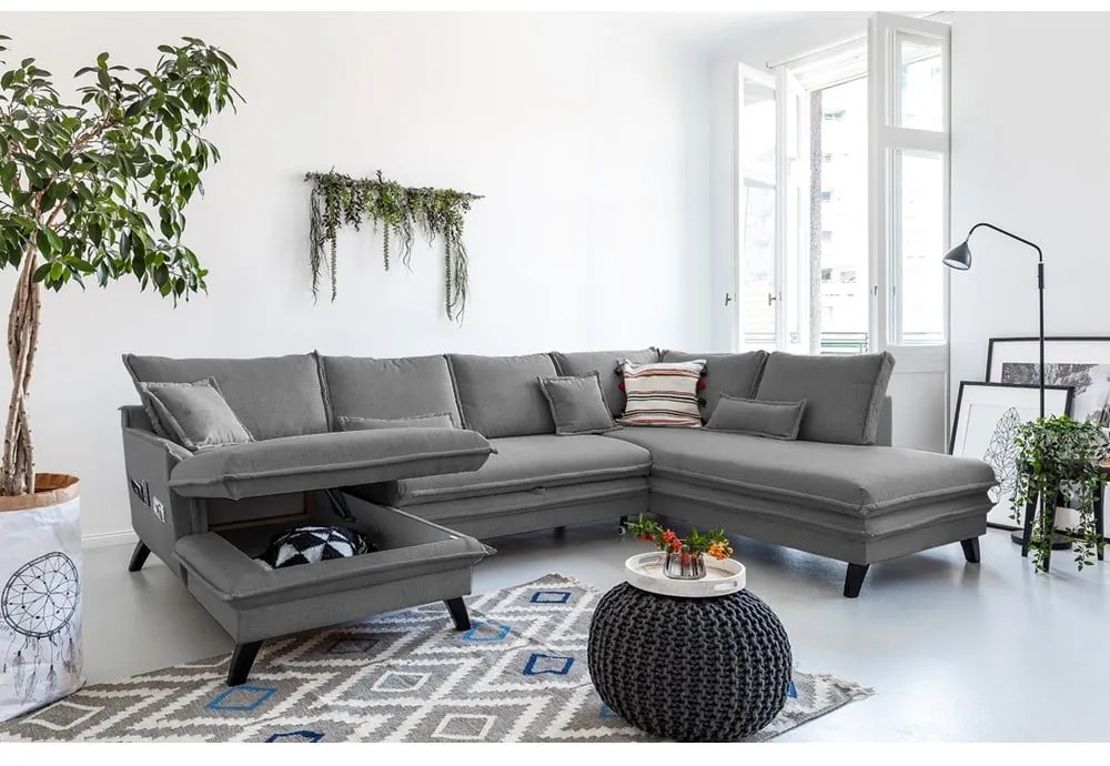 Ciemnoszara rozkładana sofa w kształcie litery "U" Miuform Charming Charlie, prawostronna