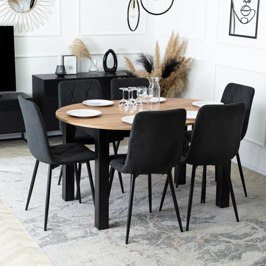 Zestaw Stół Okrągły Rozkładany HARRY 102-142 cm Dąb Craft/Czarny i 6 Krzeseł Tapicerowanych ROBIN 2 Czarnych Nowoczesnych