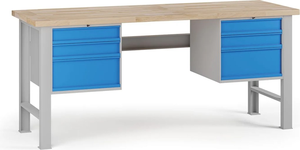 Stół warsztatowy G7, blat bukowy, 2000 x 685 x 840 mm, 2x kontener, 6x szuflada, niebieski