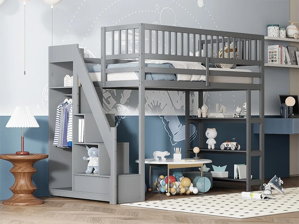 Łóżko mezzanine 90x200 cm z drewna - z półkami i szafą - z wysokimi prętami - Szary