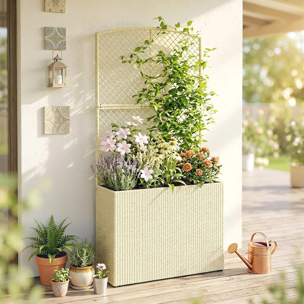 Outsunny Podwyższona rabatka z kratą w stylu rattanu — donica na rośliny pnące do ogrodu i na balkon, 80 x 30 x 163 cm, beżowy | Aosom PL