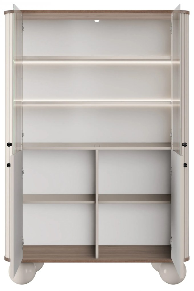 Witryna Vesper 103 cm czterodrzwiowa - kaszmir / orzech / czarne uchwyty / nogi kule