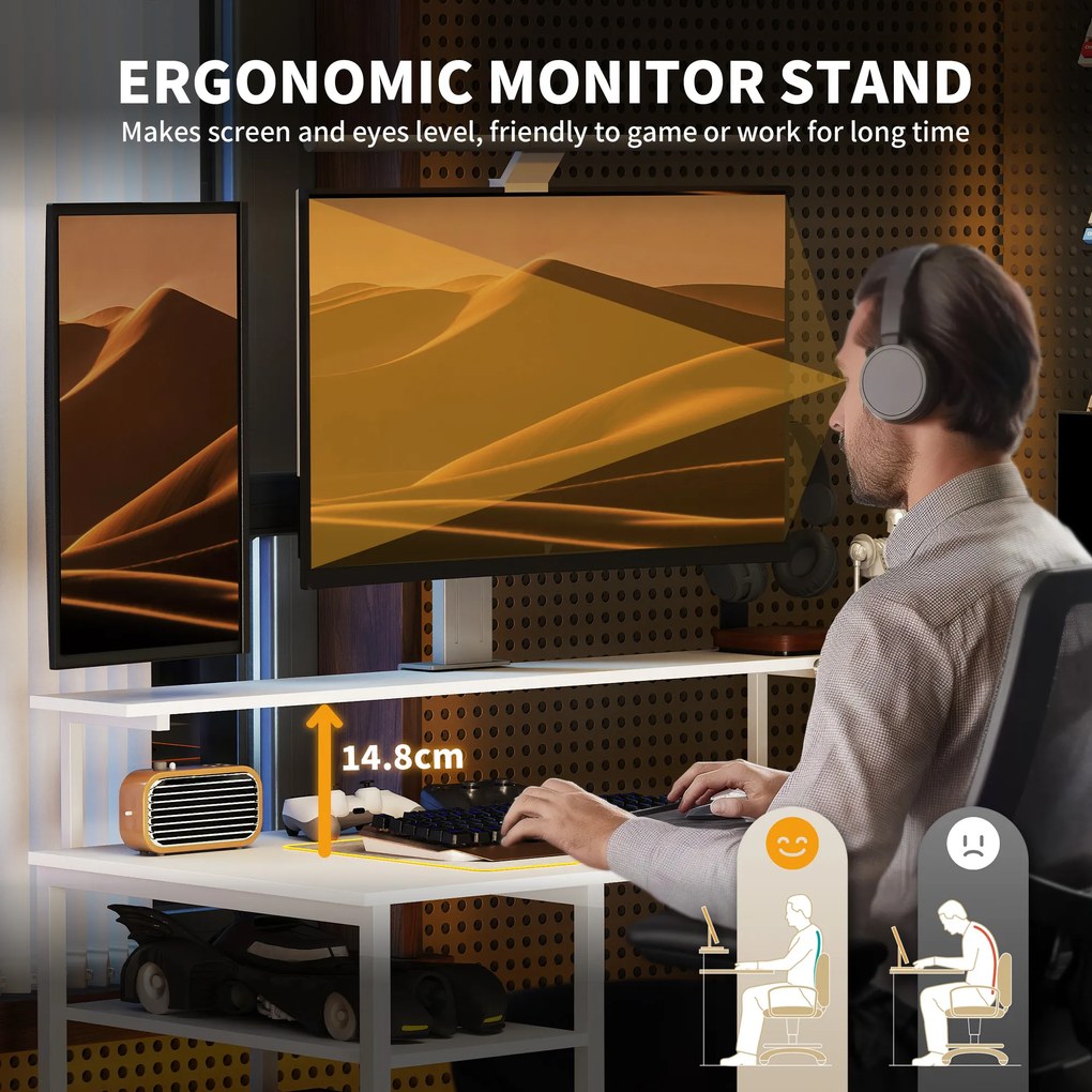 HOMCOM L-kształtne biurko narożne z zintegrowanym gniazdkiem, stojakiem na monitor i półką na przechowywanie, biały