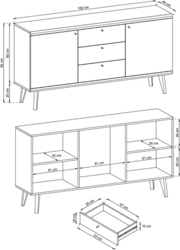 Komoda Bliwon 3-szuflady + półki 160 cm skandynawska dąb riviera/biały nowoczesna szafka drewniane nogi