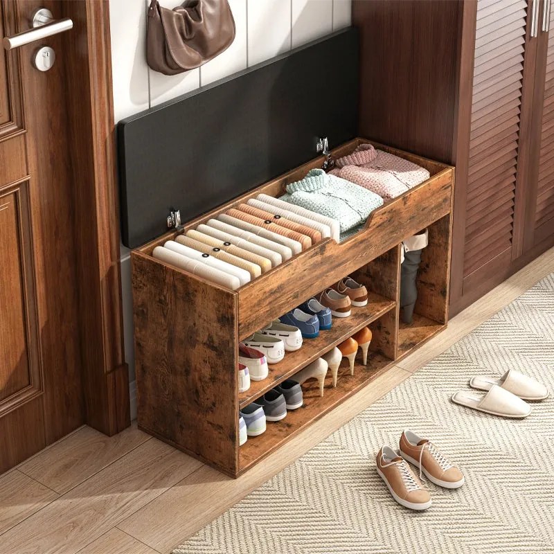 Przestronna szafka na buty z siedziskami do przechowywania 2 półki drewniane w stylu retro loft