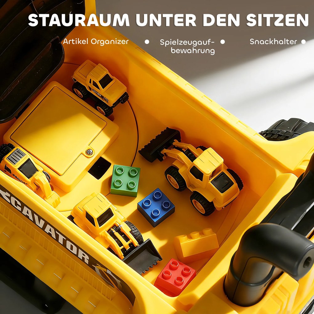 AIYAPLAY Koparka na siedzenie z łopatą, kierownicą, obracający się kadłub, regulowane oparcie dla dzieci 1,5-3 lata, Żółty | Aosom PL