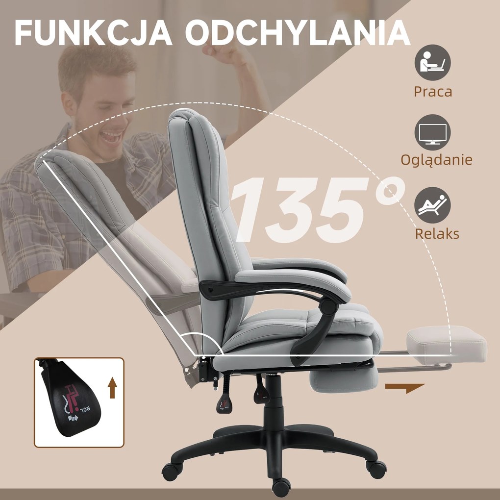 Vinsetto Obrotowy fotel biurowy z podnóżkiem, funkcją masażu, obszyty skórą ekologiczną, 68,5x68,5x113-121cm