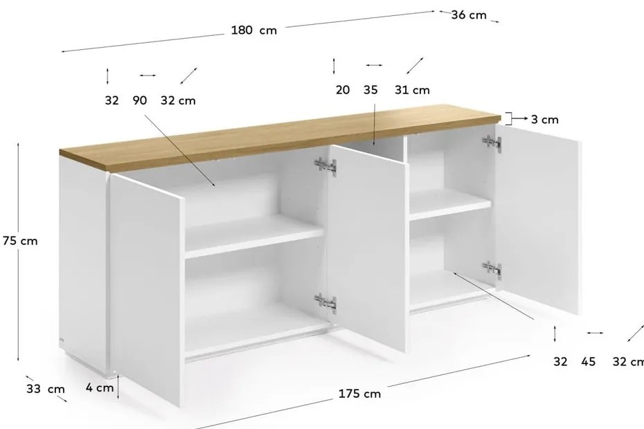 Biała komoda w dekorze dębu 180x75x36 cm Abilen – Kave Home