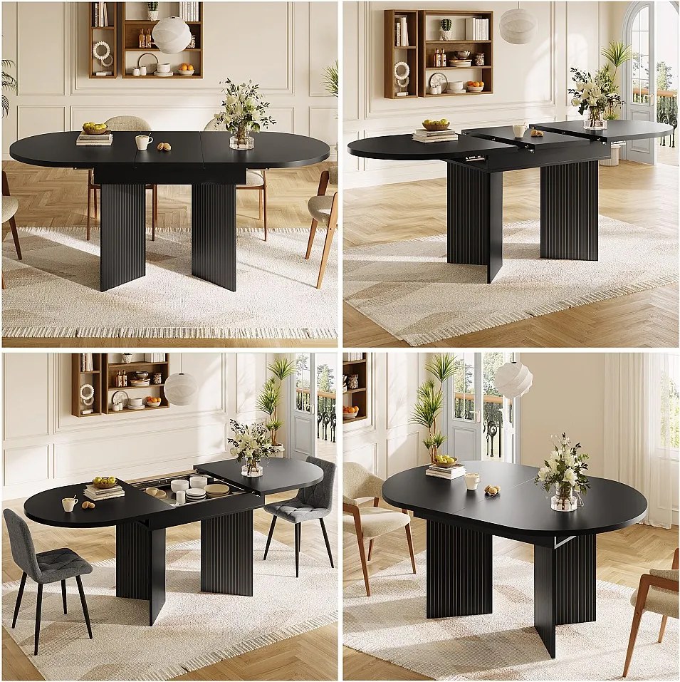 Rozkładany stół jadalny - 120/160 x 80 x 75 cm - dla 4-6 osób - styl minimalistyczny - z miejscem do przechowywania - płyta MDF - czarny