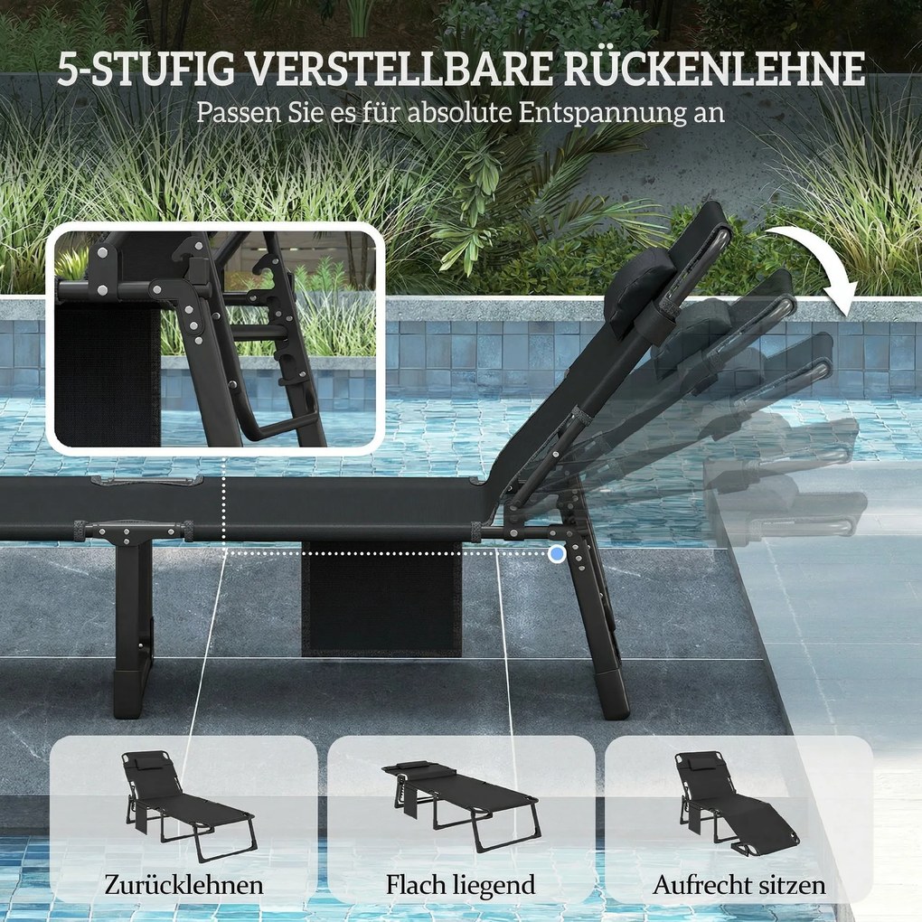 Outsunny Składany leżak szeroki leżak ogrodowy z 5-stopniowo regulowanym oparciem, wyściełanym materacem, poduszką na głowę, kieszenią boczną | Aosom PL