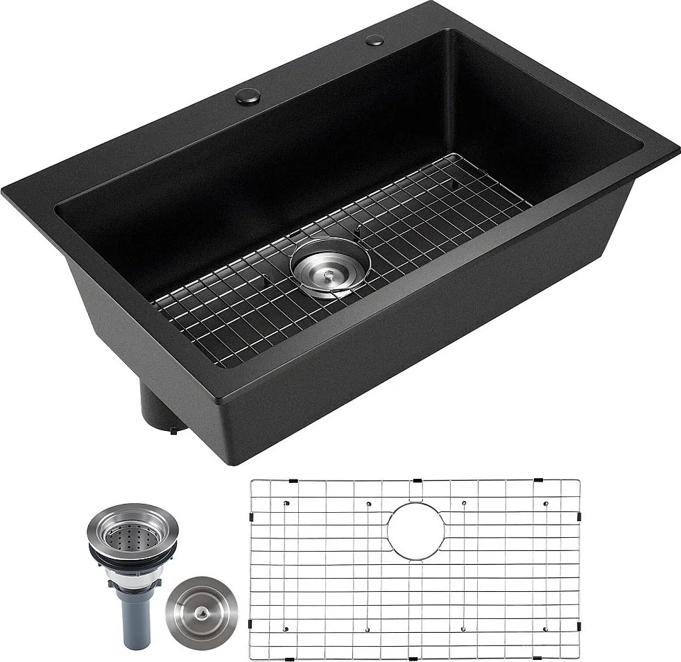 Nowoczesna Zlewozmywak Kuchenny SucceBuy z Granitu 83,8 cm, Zlewozmywak Nastawczy z Dużą Pojedynczą Komorą, Wkładana Komora do Mycia z Wieloma Akcesoriami