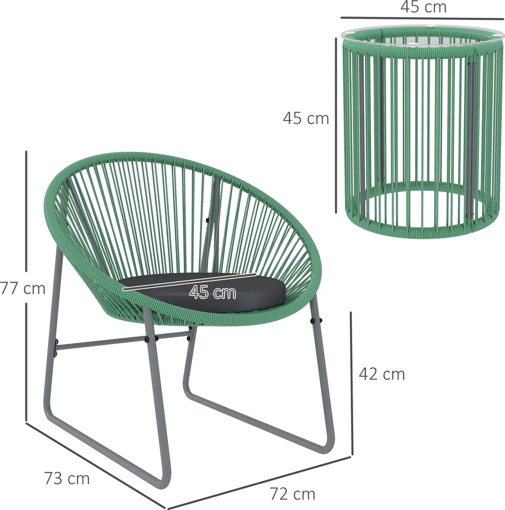 Outsunny 3-częściowy Zestaw Mebli Zewnętrznych, 1 Stół, 2 Krzesła, Blat z Szkła Hartowanego, Rattan Tworzywa Sztucznego na Stalowej Ramie, Miękkie Poduszki, Kolor Zielony