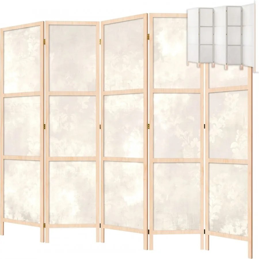 Parawan pokojowy 5-częściowy 225x172 drewniany japoński Jednostronny dekoracyjny shabby chic Kremowy