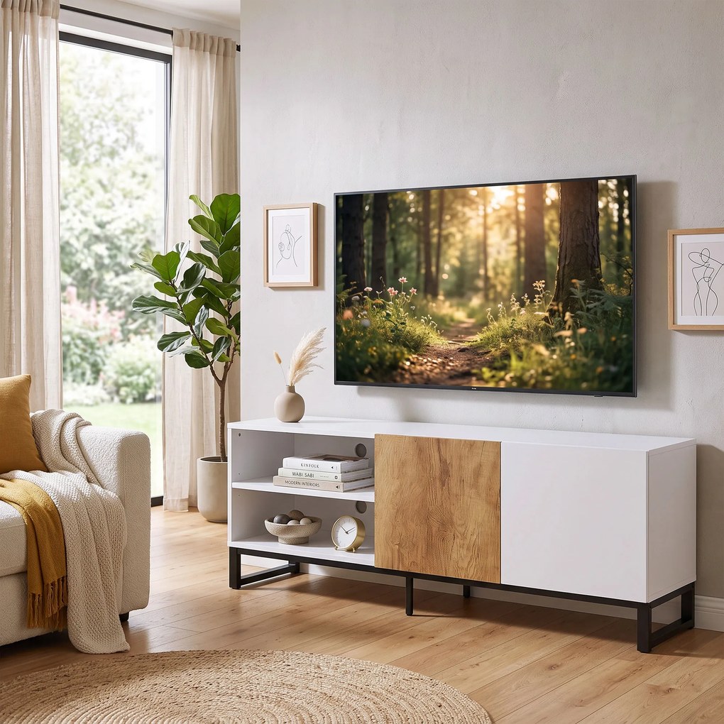 HOMCOM Szafka RTV do telewizorów do 139,7 cm, nowoczesne TV-Lowboard z regulowanymi półkami, Biały | Aosom PL