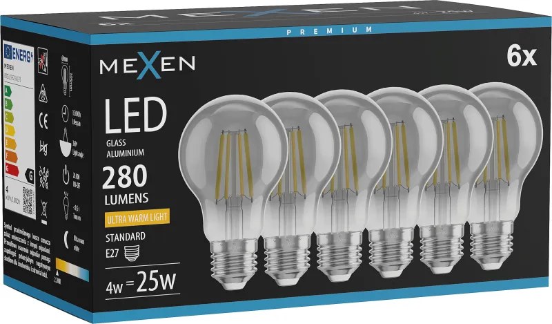 Mexen Vintis 6x żarówka filament LED E27, A60, 4W, Ciepła - 2200K, 280 lm, smoke - L150-E27-0422-70x06