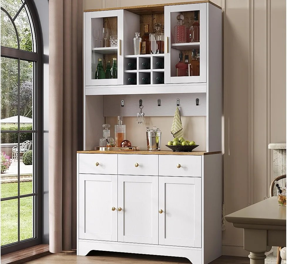 Witryna 94,5x30x175,5 cm - 3 szuflady i 5 drzwi - blat w wyglądzie drewna - biały