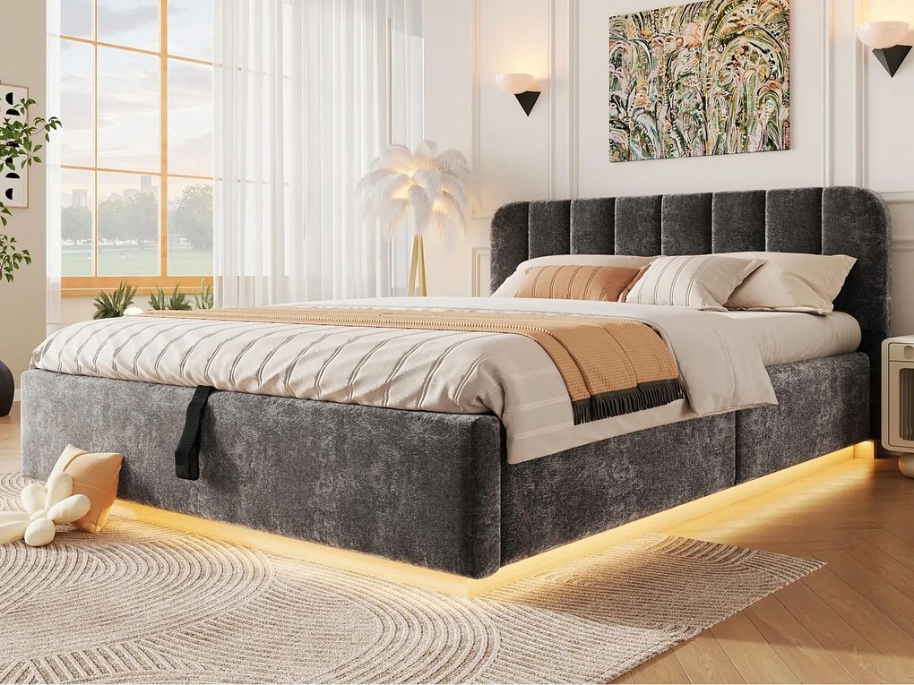 Łóżko z pojemnikiem 140 x 200 cm - z tapicerowanym zagłówkiem - z paskiem LED - szary (materac nie wliczony)