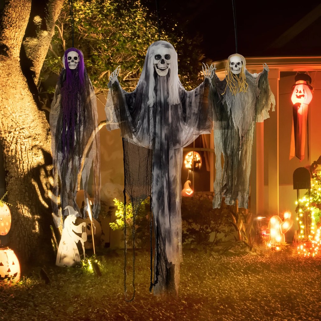 HOMCOM Wiszące Duchy-Szkielety, Zestaw 3 szt., Dekoracja na Halloween, Regulowane Ramiona, 150cm