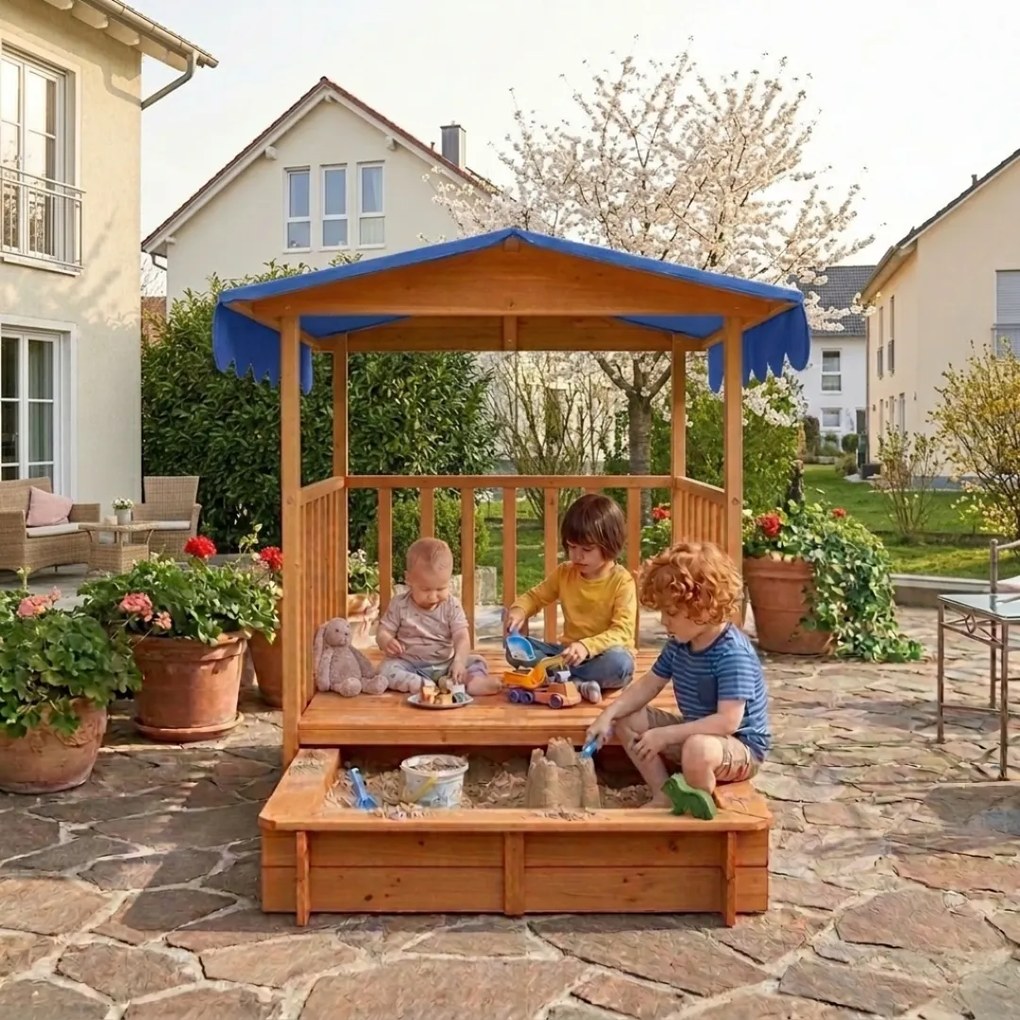 Piaskownica z werandą HAPPY, 130x130x143cm, brązowa/niebieska Jurhan
