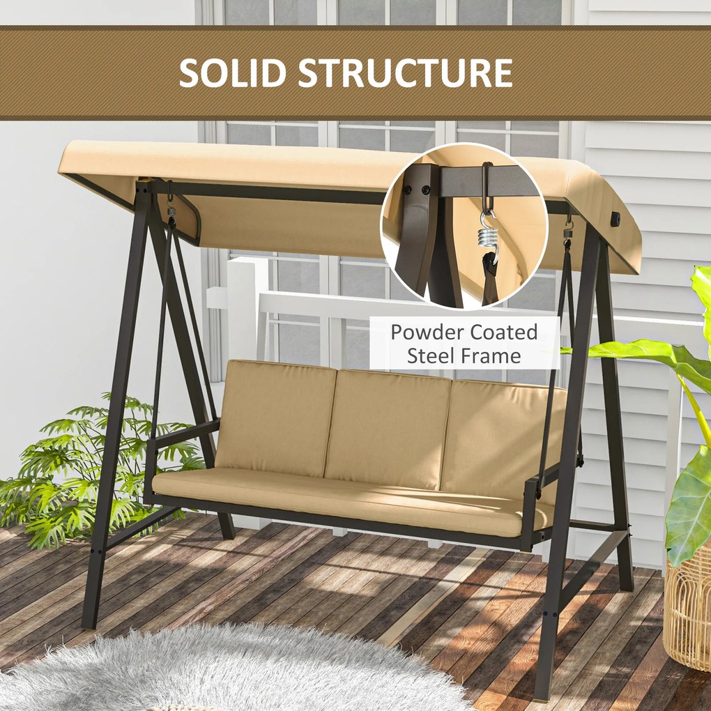 Outsunny Huśtawka Ogrodowa 3-osobowa z Regulowanym Daszkiem Beżowa 200x125x175cm | Aosom PL