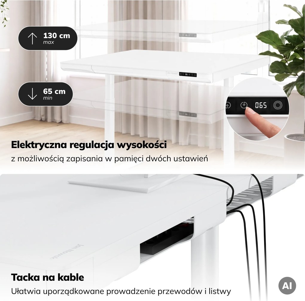 Biurko elektryczne sit-stand z szufladą i ładowarką bezprzewodową Qi białe, 1200 mm: ELLIS
