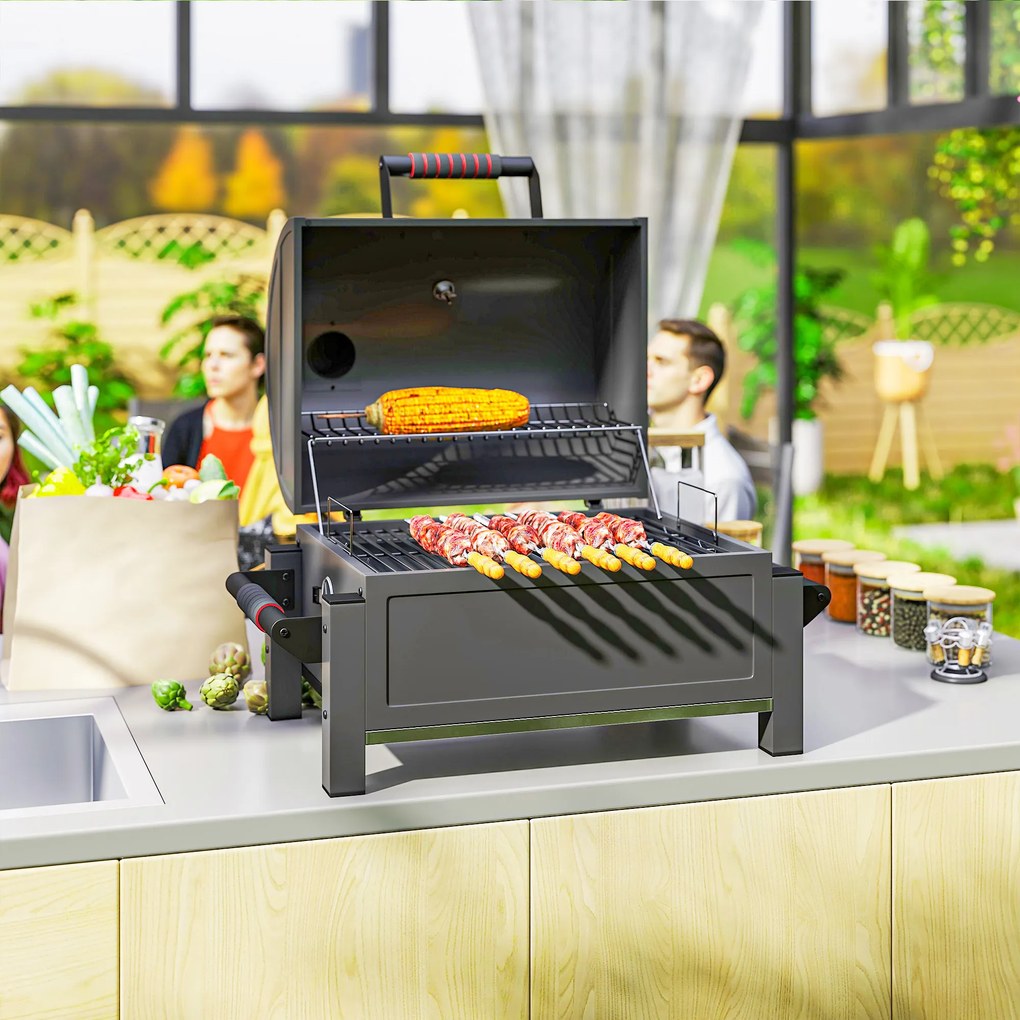 Outsunny Grill węglowy z pokrywą, rusztem do podgrzewania, podstawa do popiołu, termometr, nierdzewny, 68,5x50x54cm, czarny/czerwony