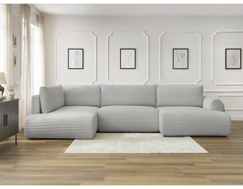 Jasnoszary sztruksowy rozkładany/ze schowkiem narożnik (lewostronny/w kształcie litery U) Lucien – Bobochic Paris