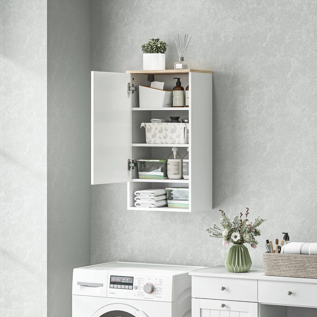 HOMCOM Szafka Ścienna do Łazienki, Szafka Łazienkowa z Regulowanymi Półkami, Otwartą Półką, Drewniana, Biała